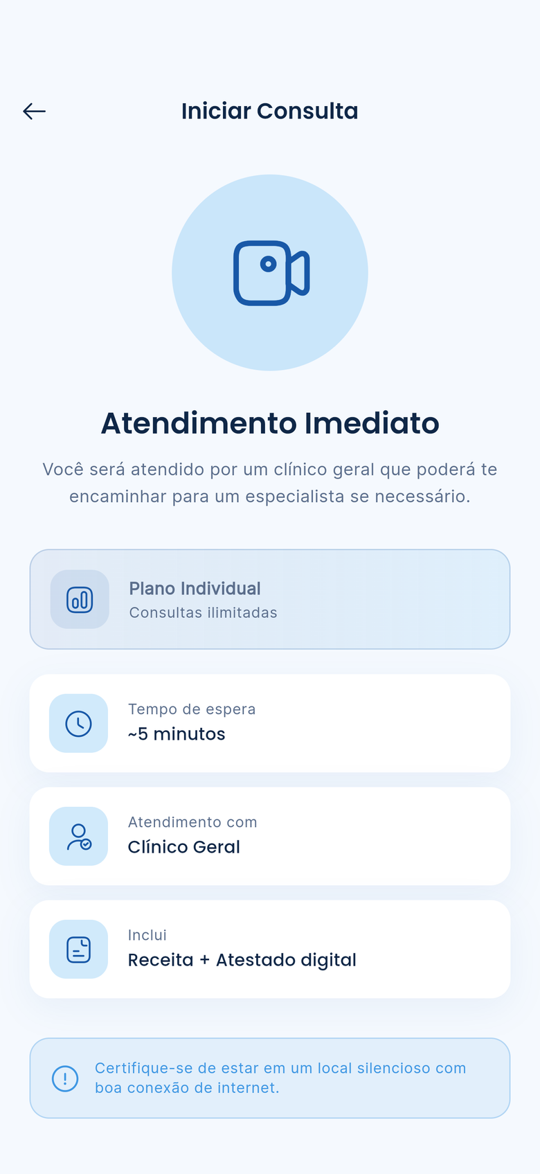 Tela de atendimento imediato por vídeo com clínico geral no aplicativo ModeloMed