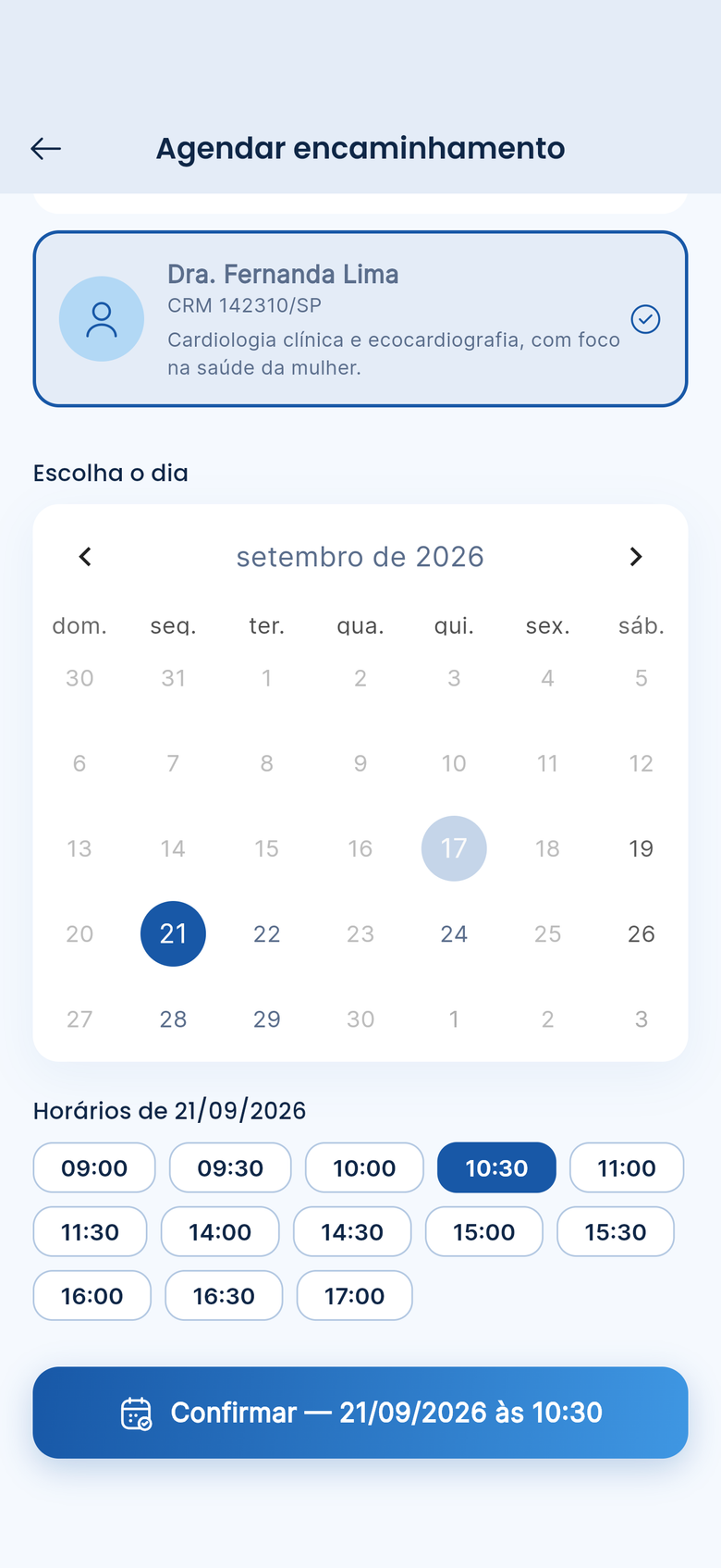 Agendamento com especialista: escolha do médico, do dia e do horário no aplicativo ModeloMed