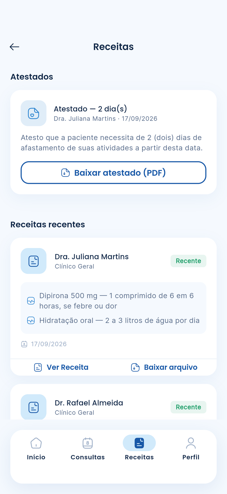 Tela de receitas e atestados digitais no aplicativo ModeloMed